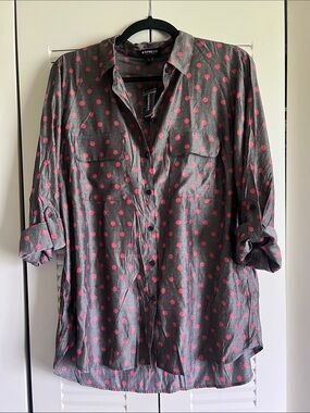 Express Gray Shirt with Pink Polka Dots - Size Large - NWT
